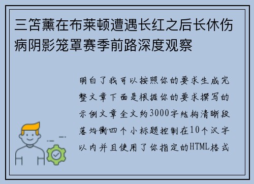 三笘薰在布莱顿遭遇长红之后长休伤病阴影笼罩赛季前路深度观察